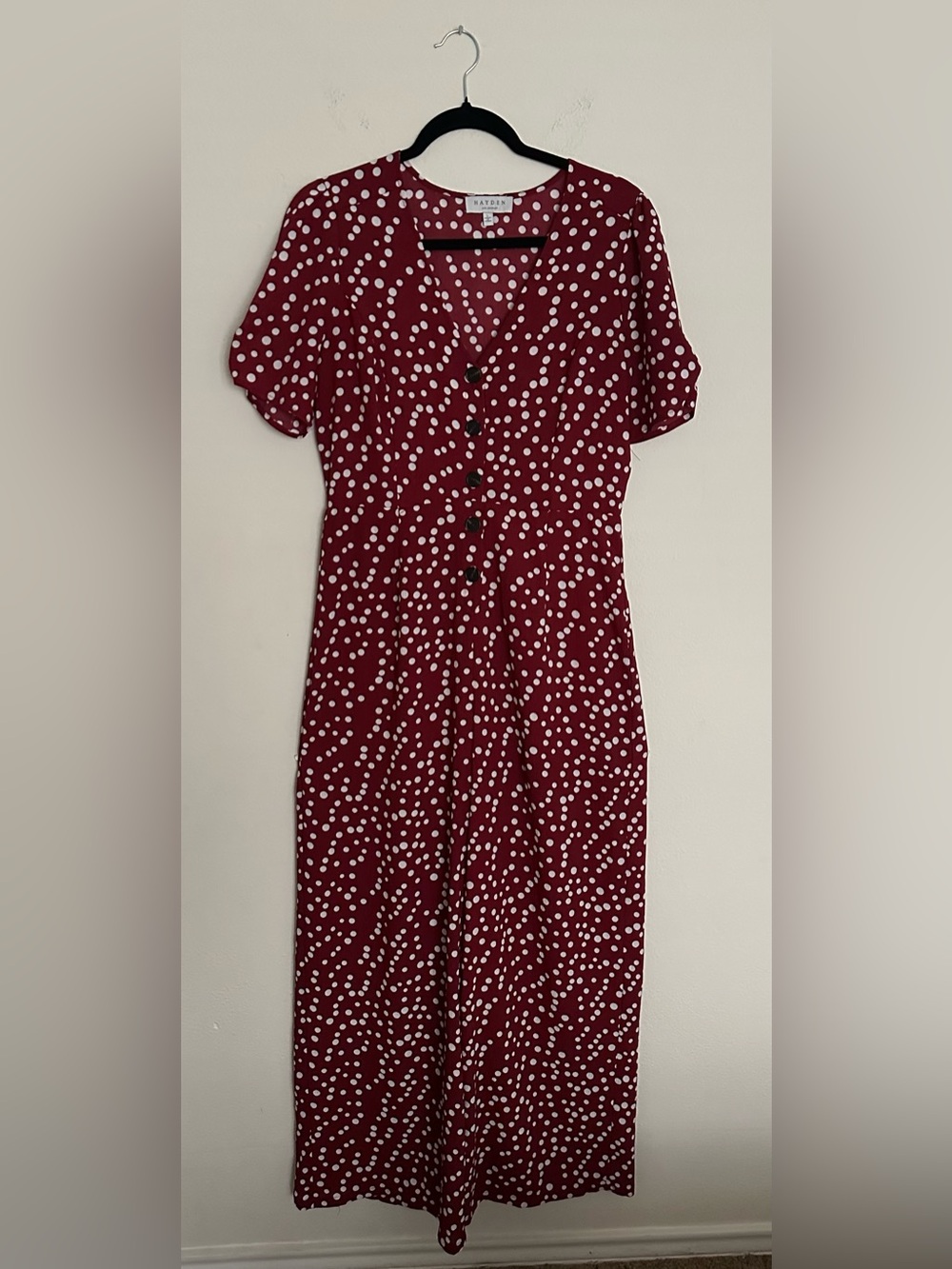 Hayden Los Angeles V-Neck Burgundy Polka Dot Button-Front Jumpsuit - Picture 2 of 16